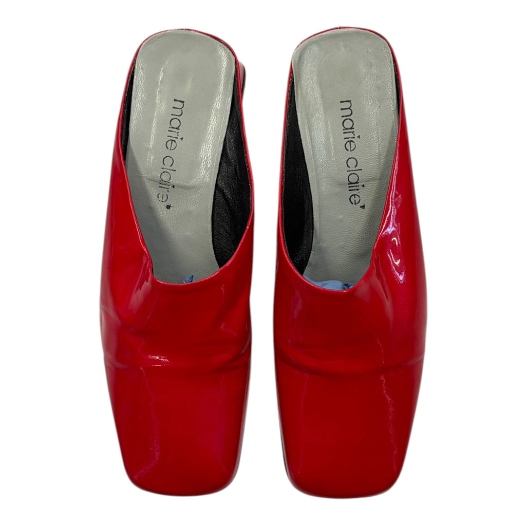 red glossy mules