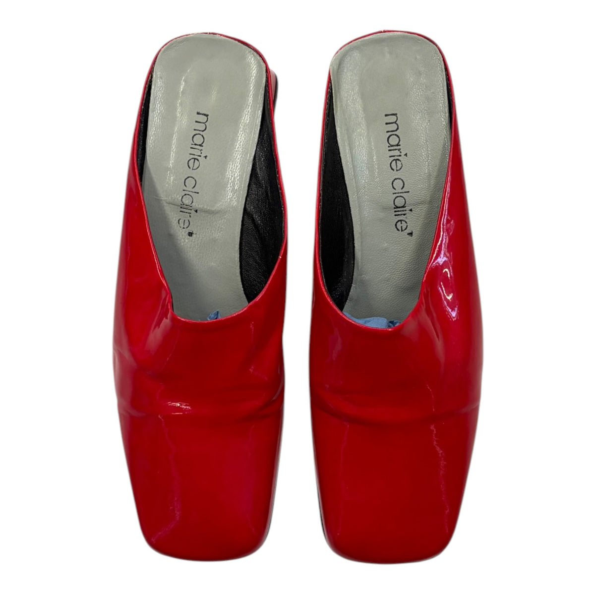 red glossy mules