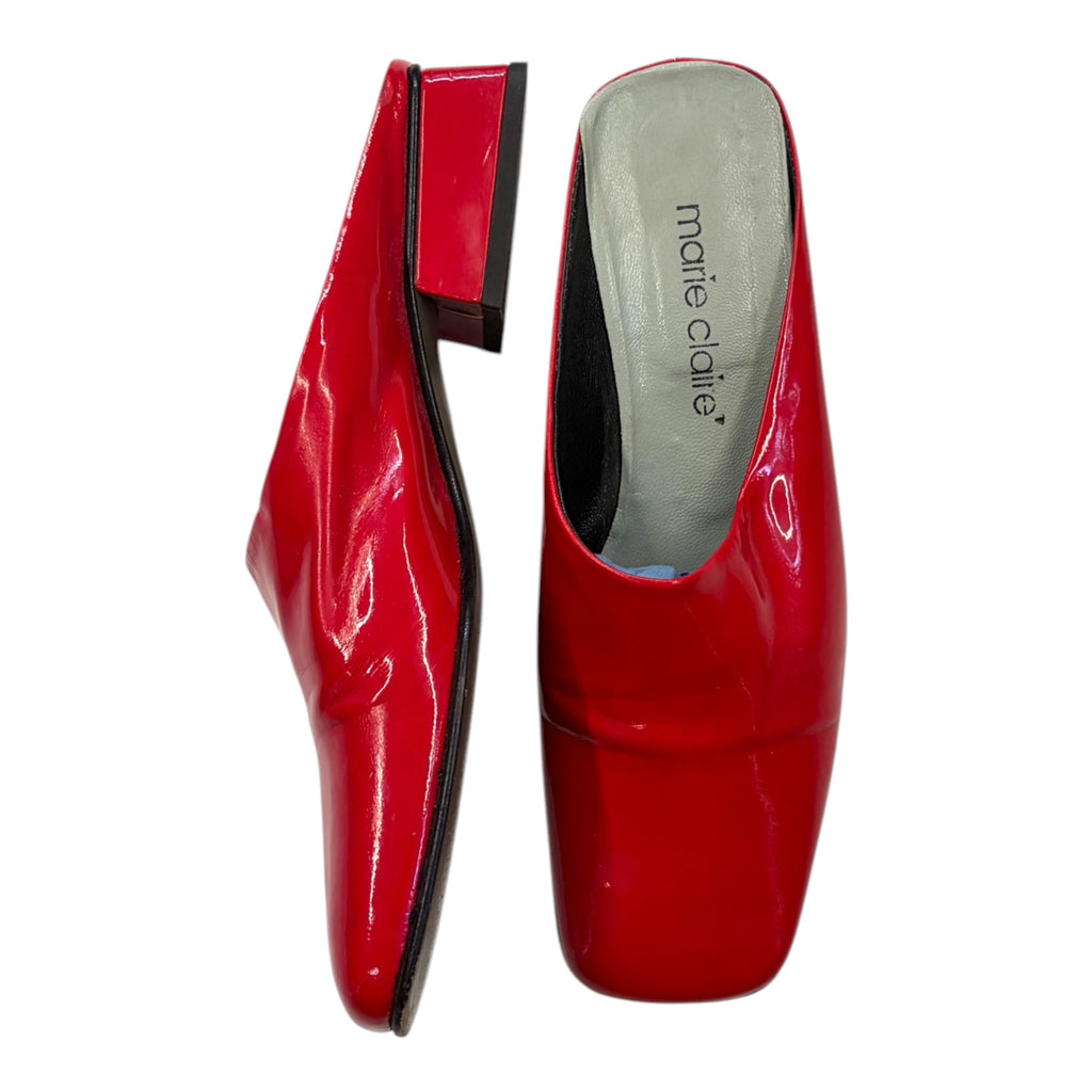red glossy mules