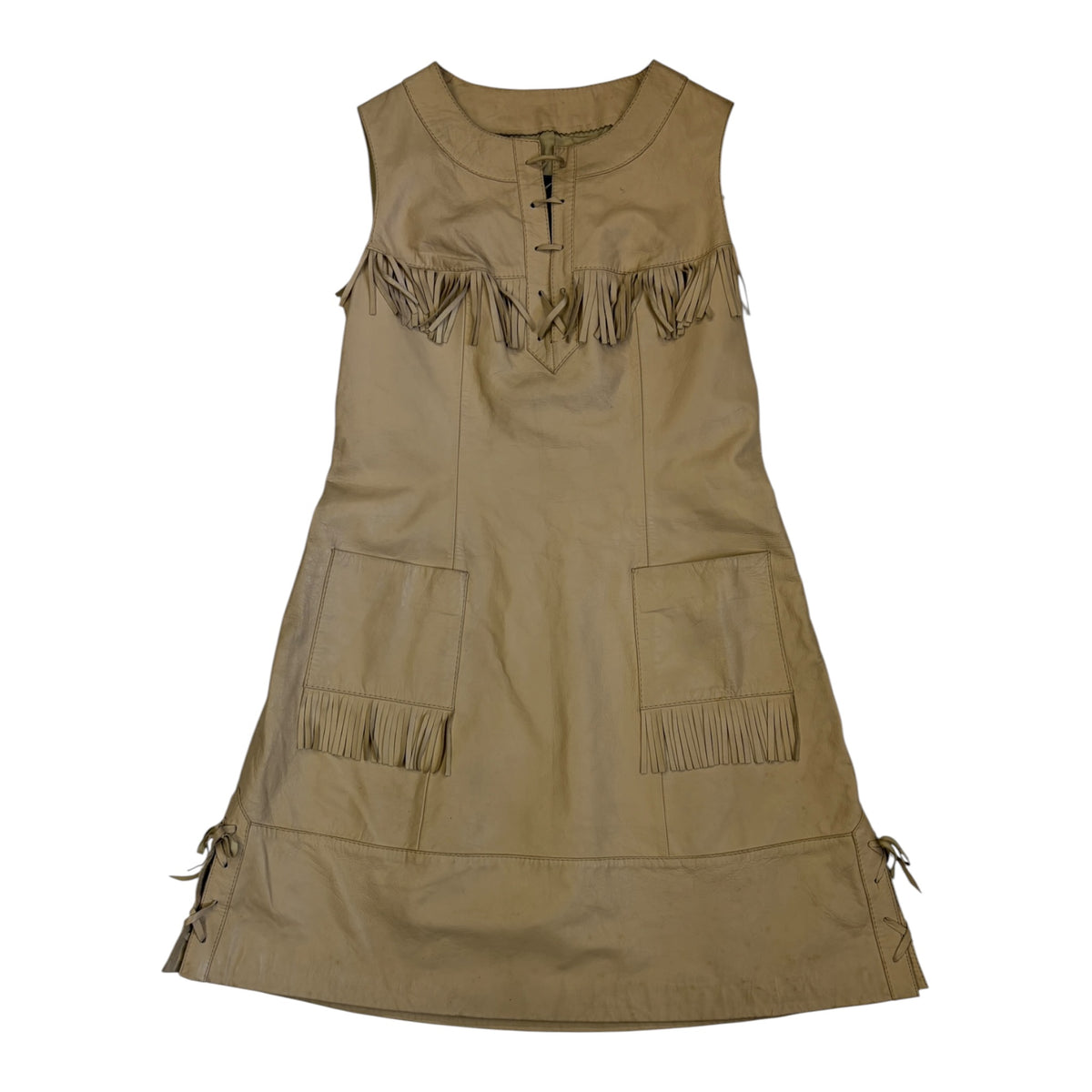 beige leather fringe mini dress