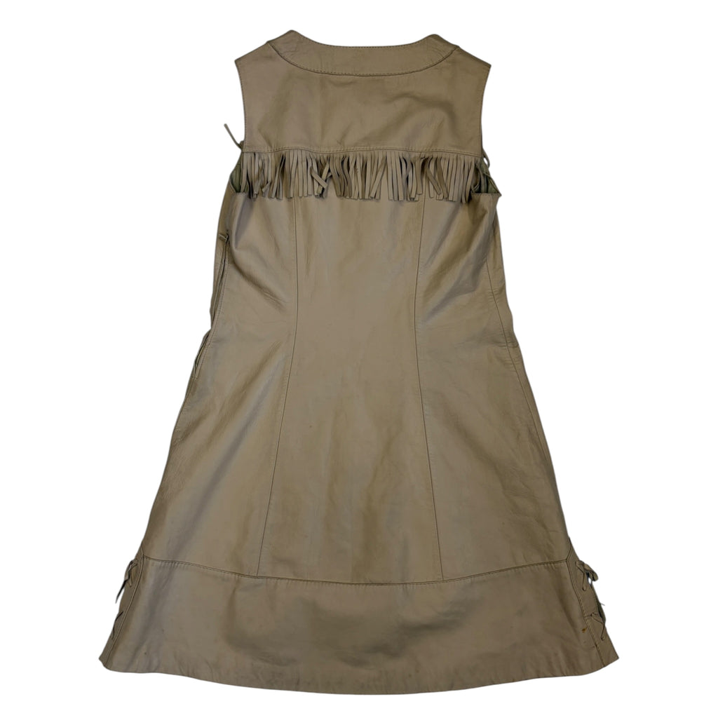 beige leather fringe mini dress back