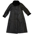 black coat, sheepskin leather exterior with shearling lining