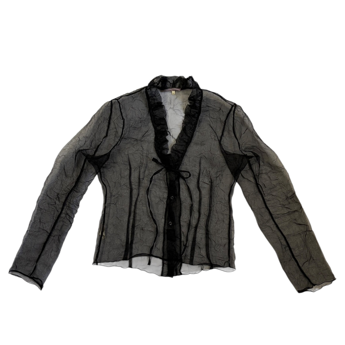 black sheer organza blouse with ruffle trim