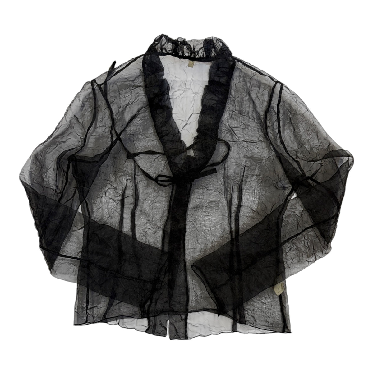 black sheer organza blouse with ruffle trim back