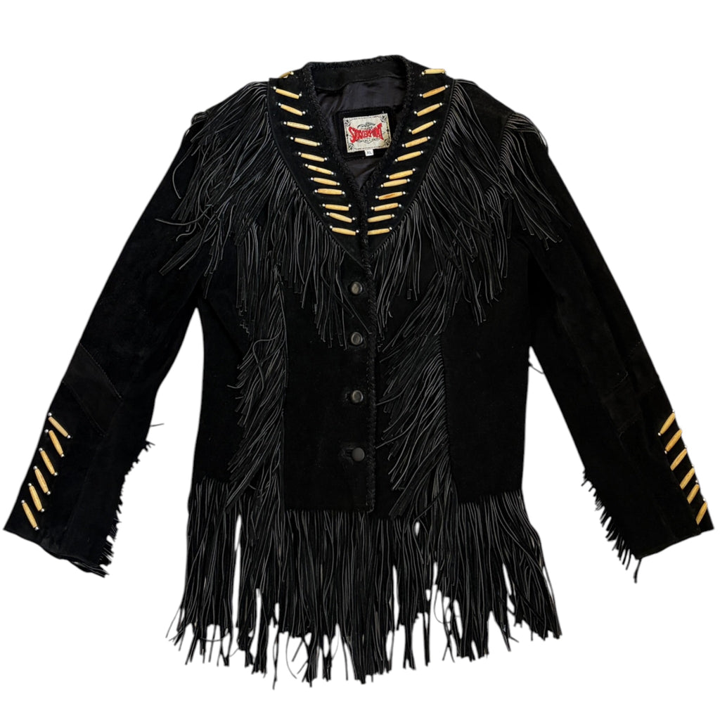 black western fringe jacket with bone bead trim
