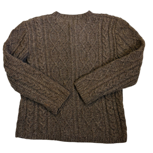 brown cable-knit cardigan with traditional Aran-style patterning and wood-look buttons back
