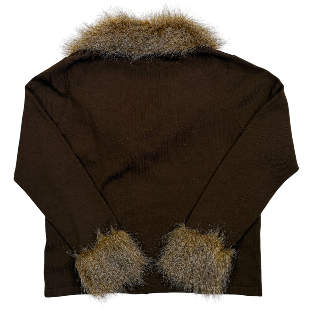 brown cardigan with faux fur trim back