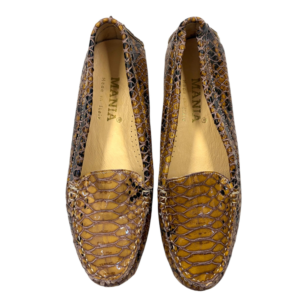 brown snakeskin loafers with a glossy finish