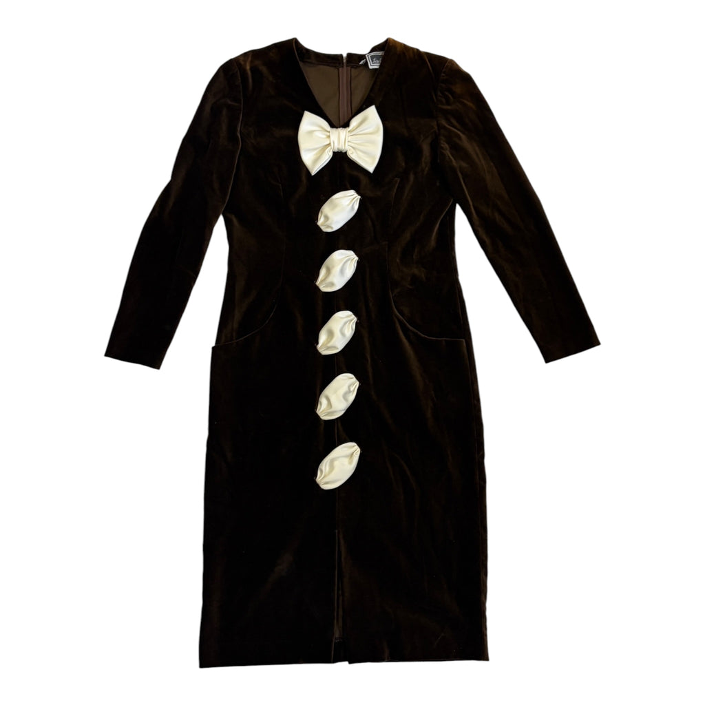 brown velvet dress with white bow details