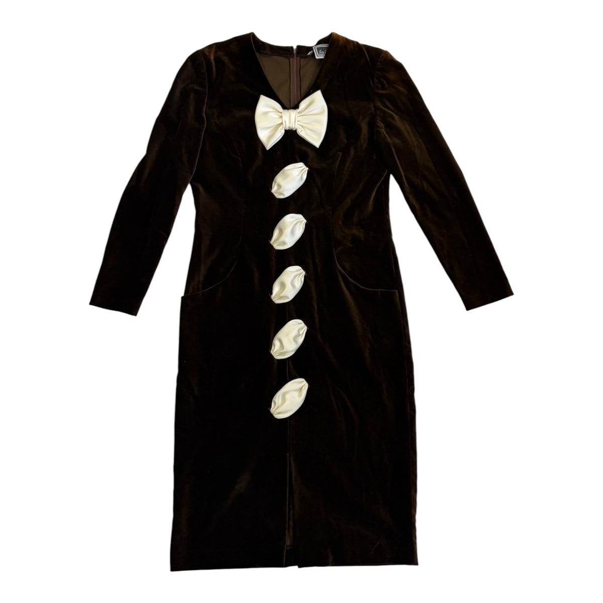 brown velvet dress with white bow details