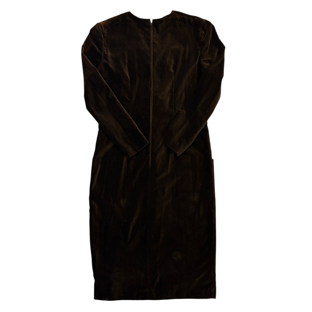 brown velvet dress with white bow details back