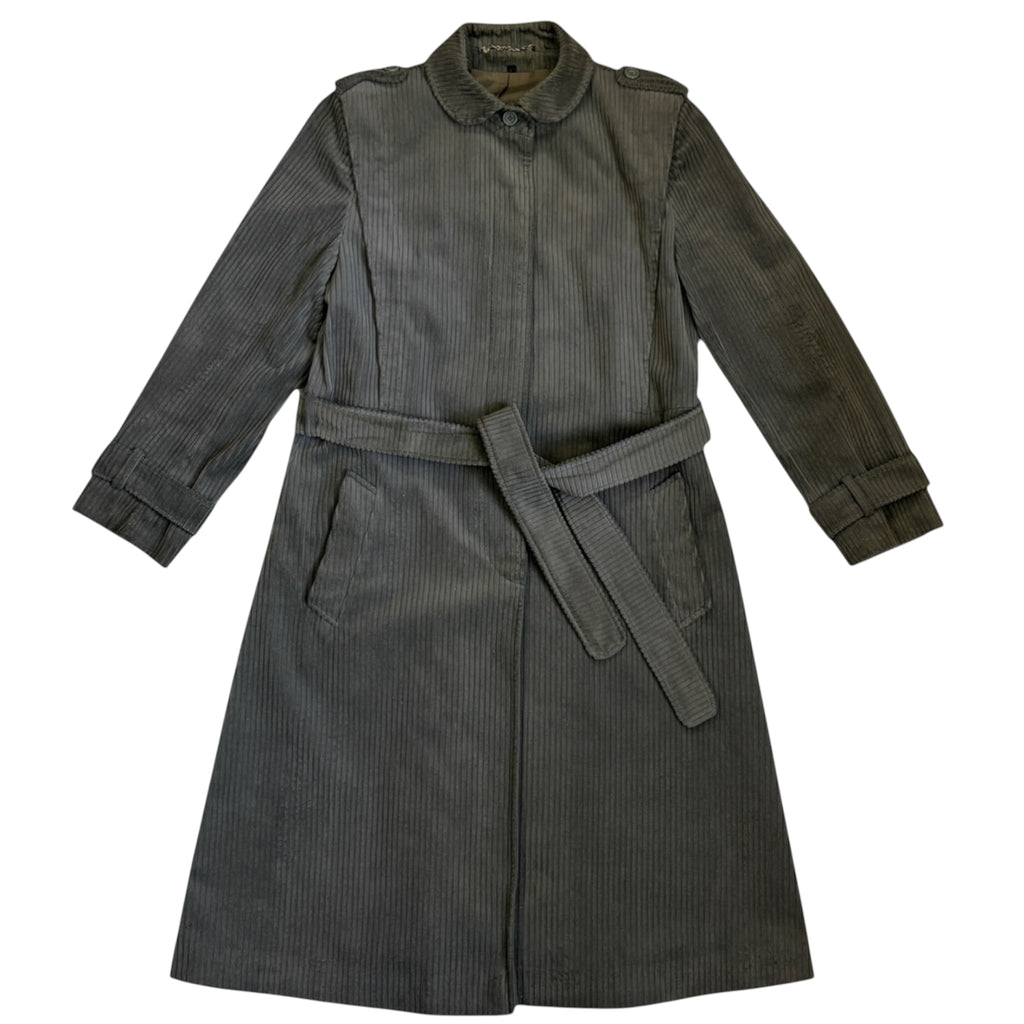 charcoal gray corduroy trench-style coat with a self-tie belt