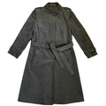 charcoal gray corduroy trench-style coat with a self-tie belt