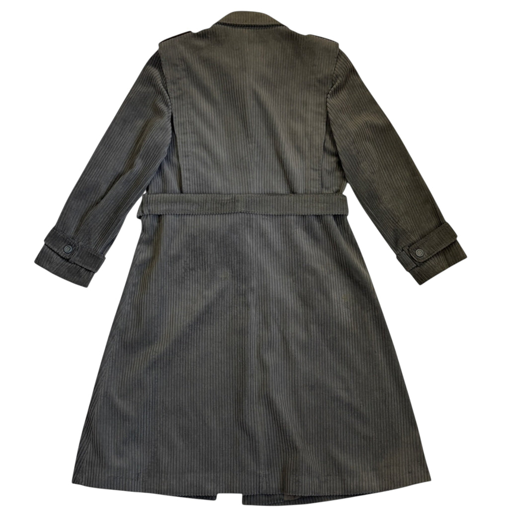 charcoal gray corduroy trench-style coat with a self-tie belt back