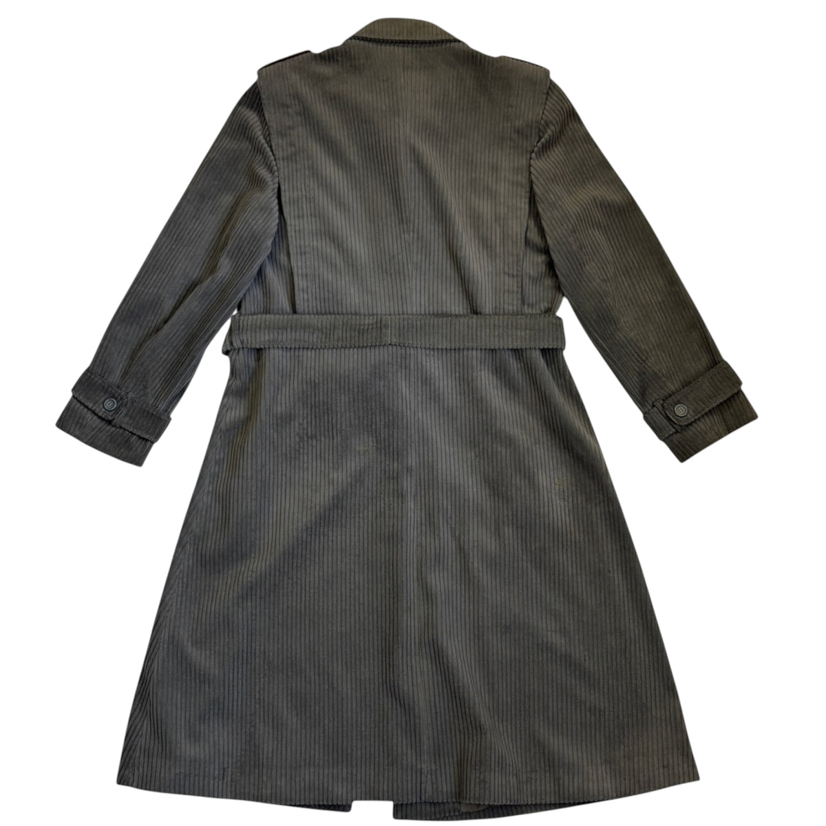charcoal gray corduroy trench-style coat with a self-tie belt back