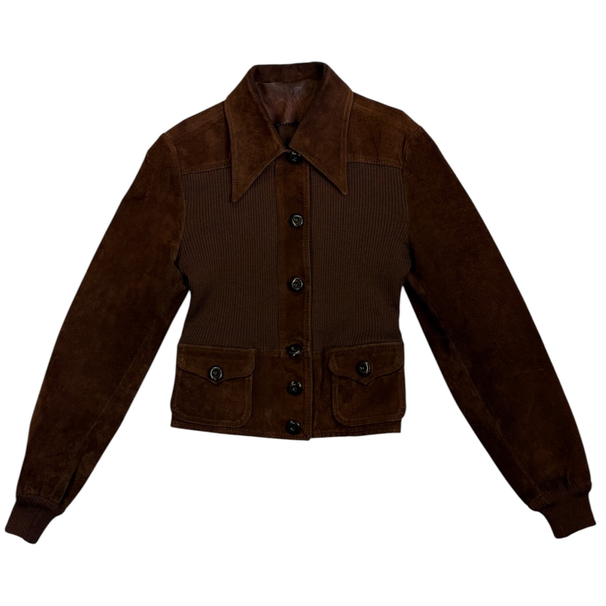 chocolate brown genuine suede leather jacket with stretch rib knit inserts