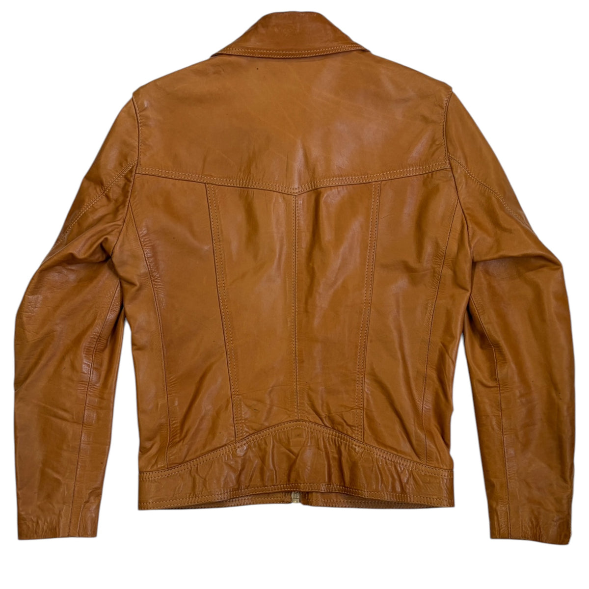 cognac leather jacket with zip front, utility pockets, and fitted silhouette back