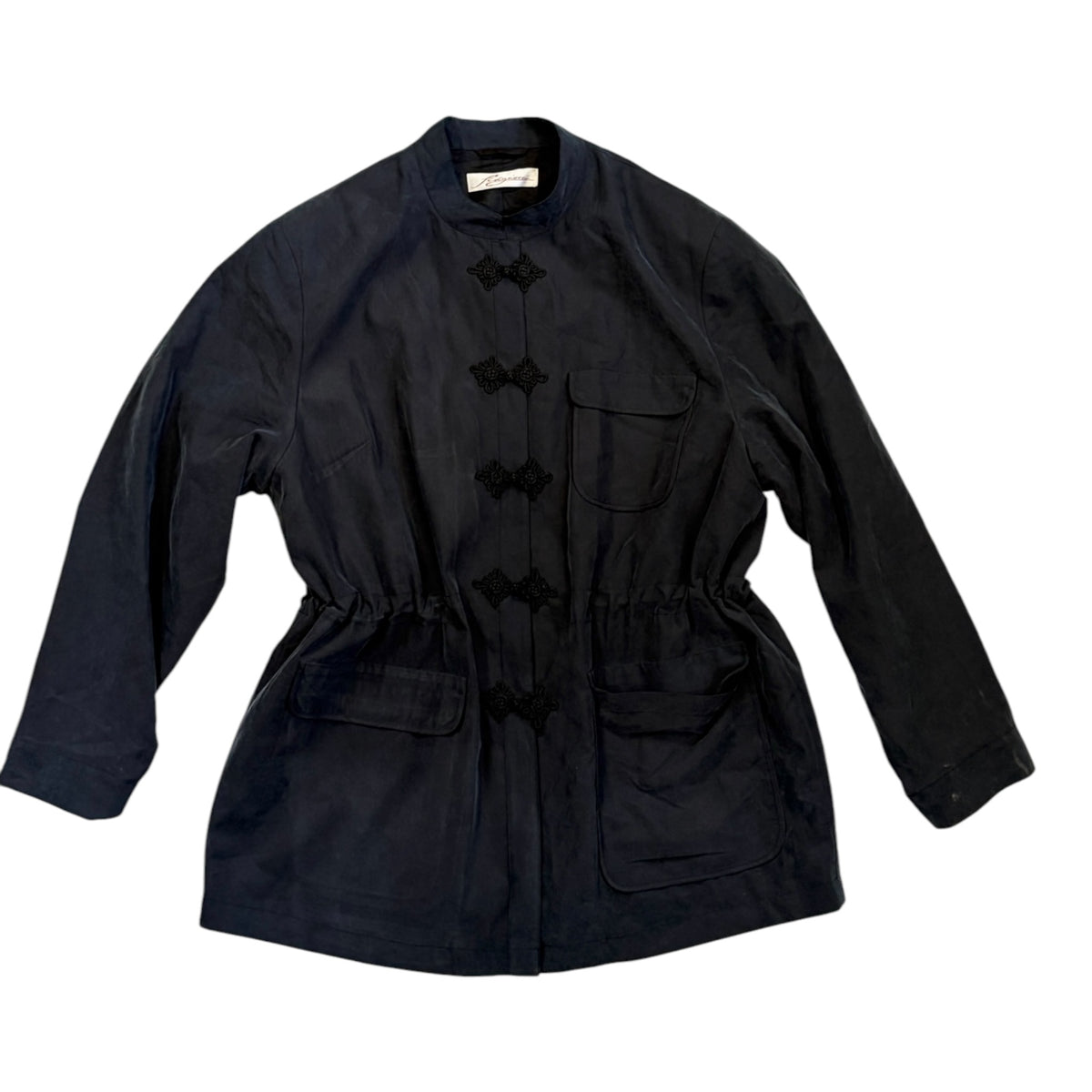 dark grey mandarin collar jacket with frog closure