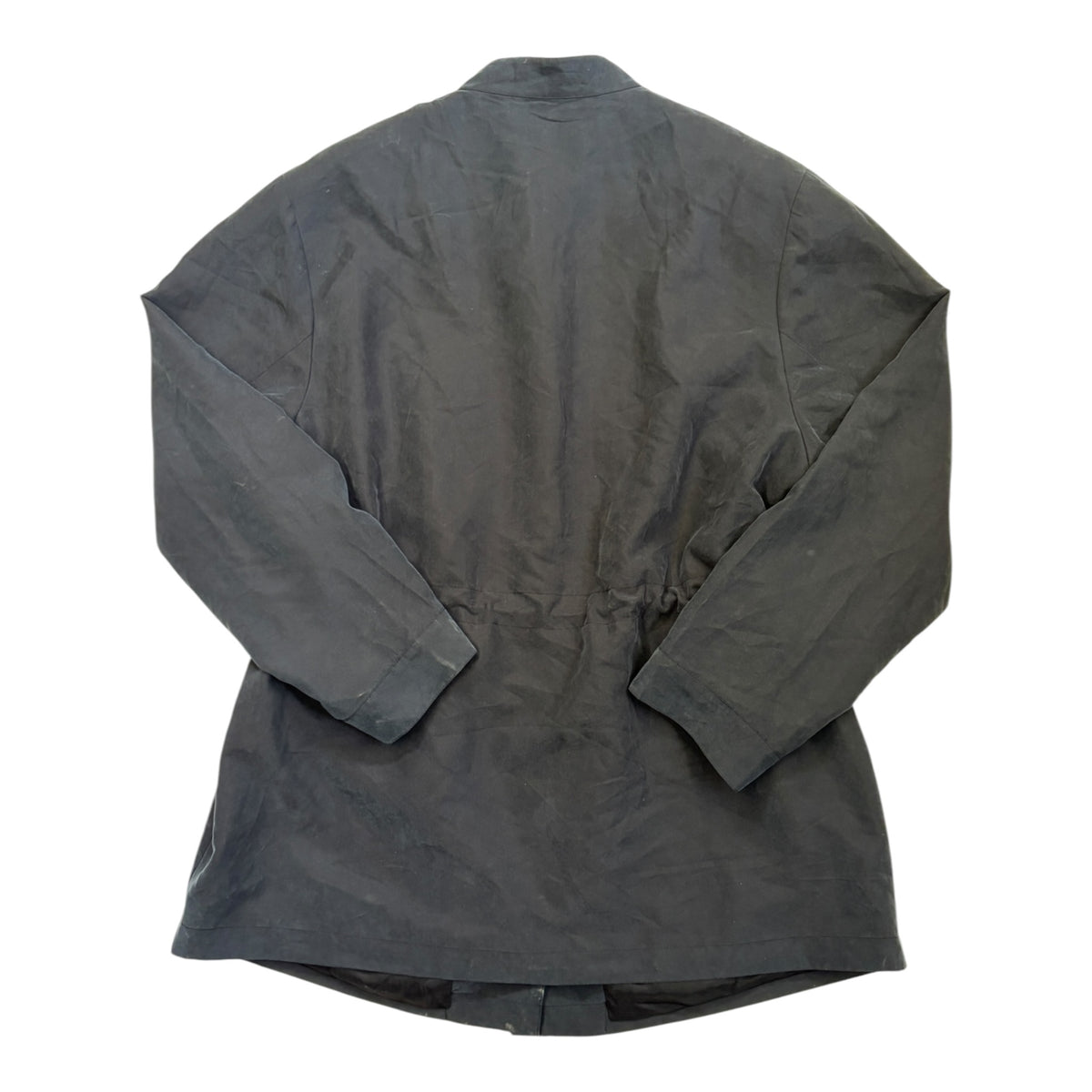 dark grey mandarin collar jacket with frog closure back