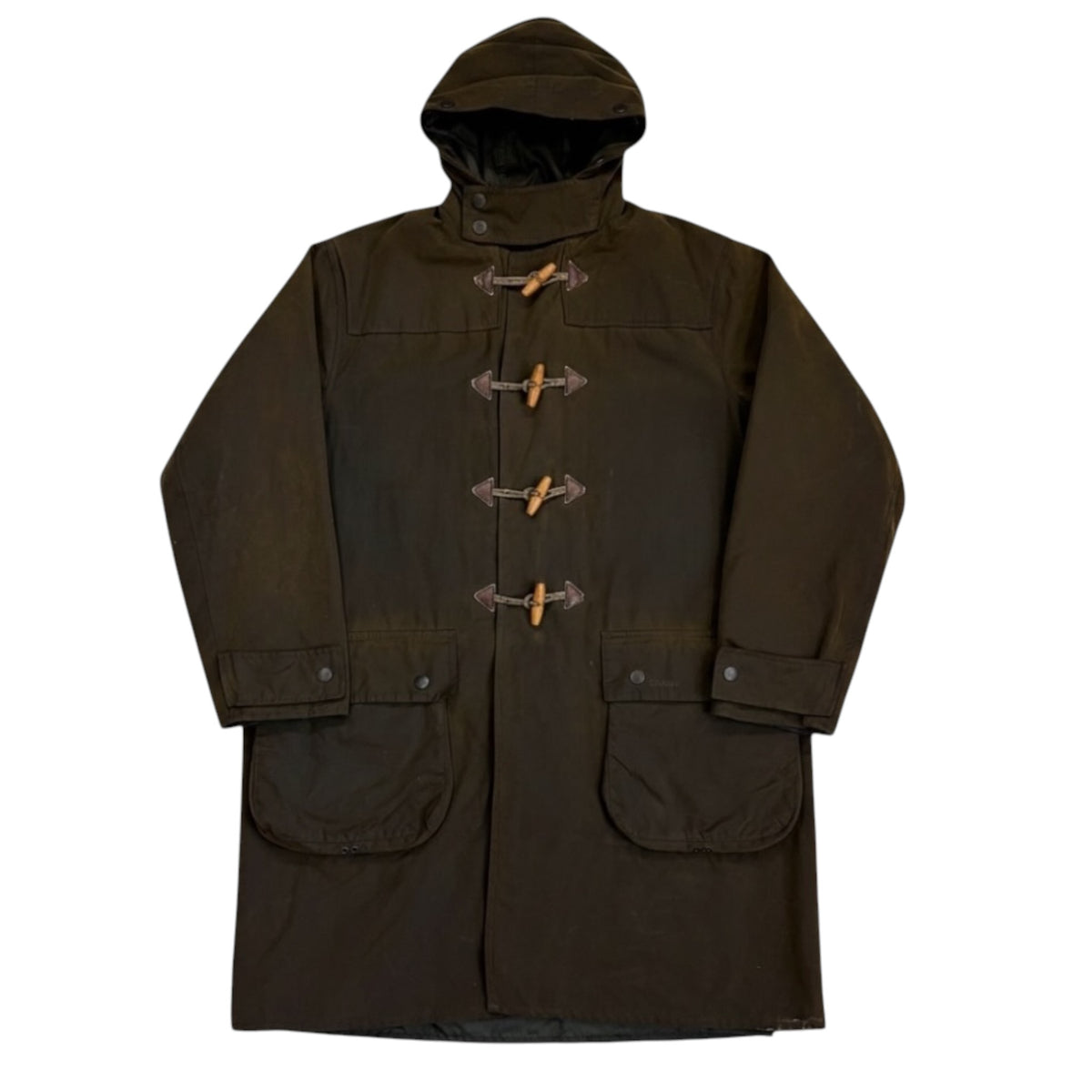 dark olive barbour duffle coat, waxed