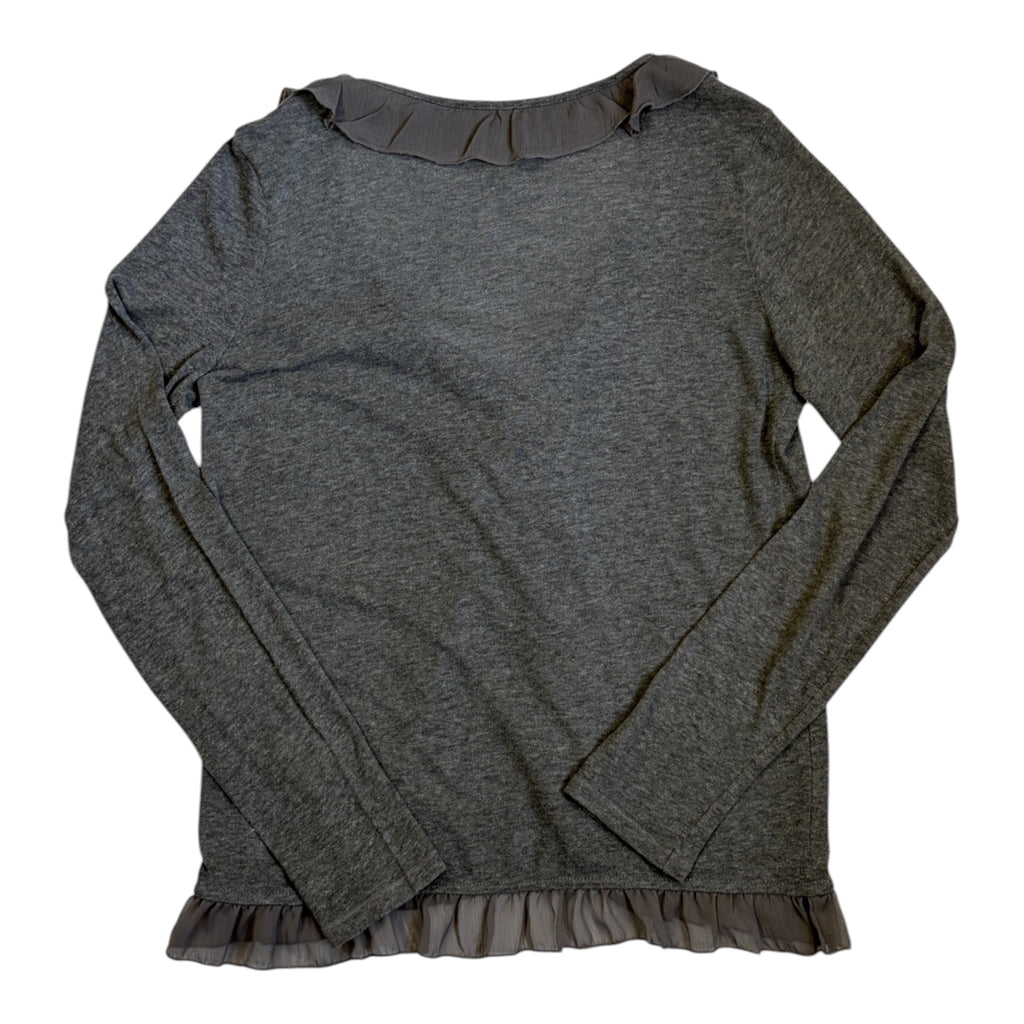 grey long sleeve cardigan with chiffon ruffle trim and front tie closure back