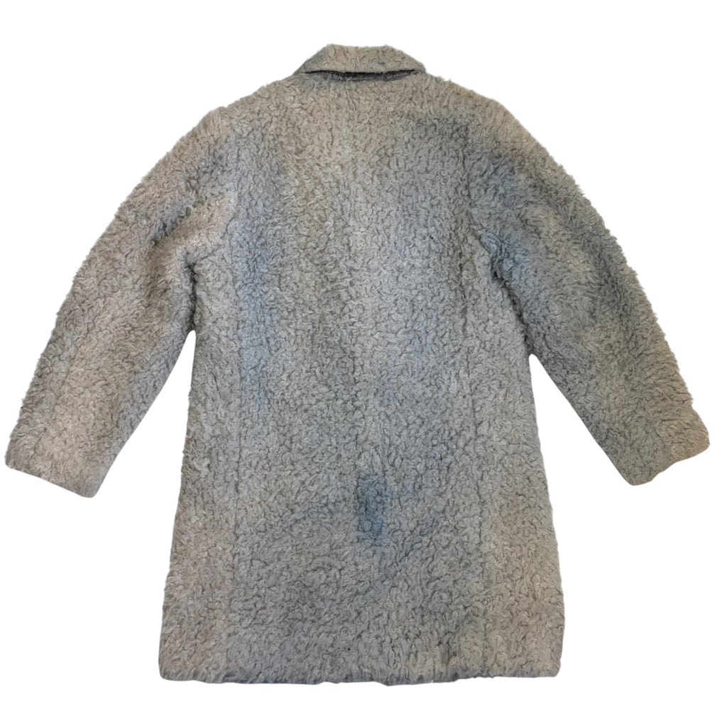 light grey curly faux fur coat with shawl collar back