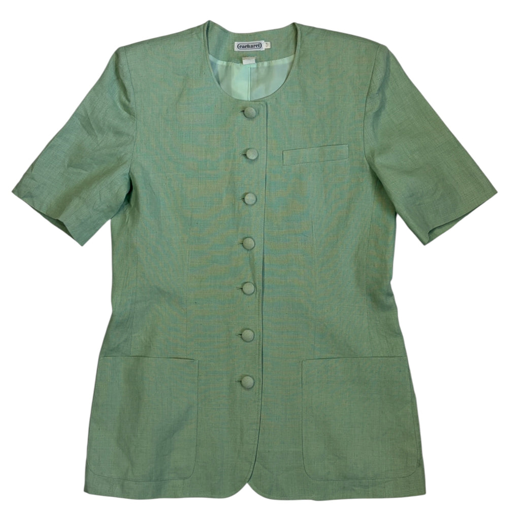 mint green Cacharel linen top with shoulder pads