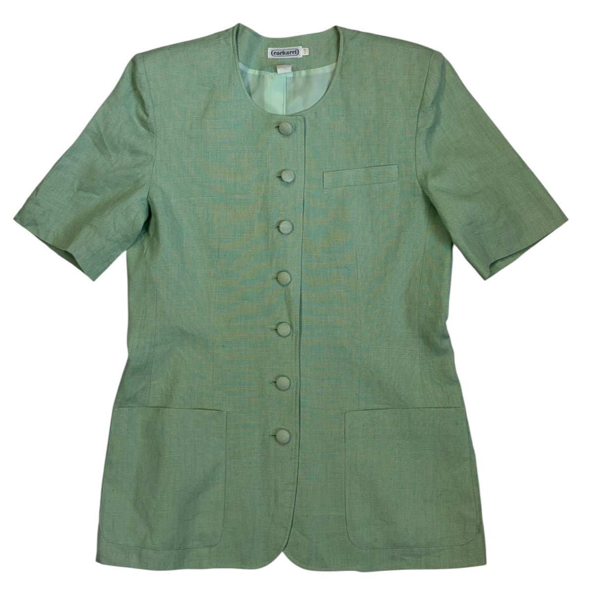 mint green Cacharel linen top with shoulder pads