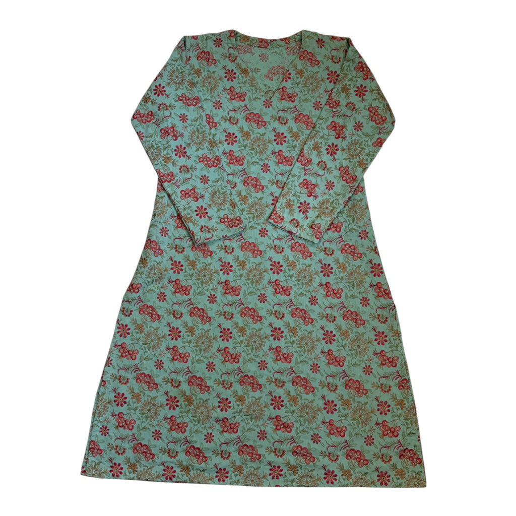mint green floral jacquard dress with long sleeves and an a-line silhouette