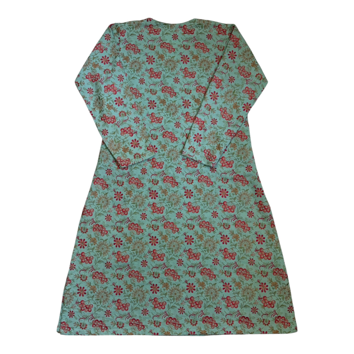 mint green floral jacquard dress with long sleeves and an a-line silhouette back