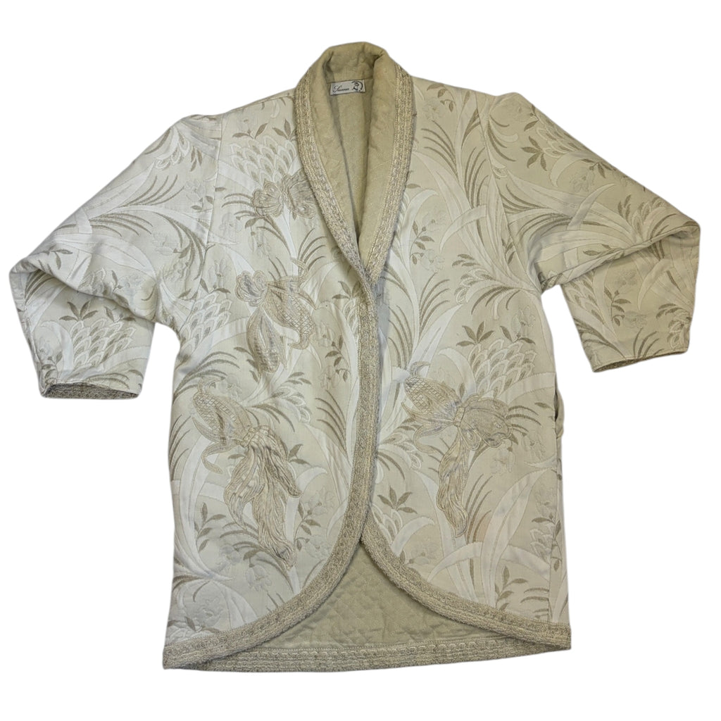 off white quilted jacquard coat with embroidered details