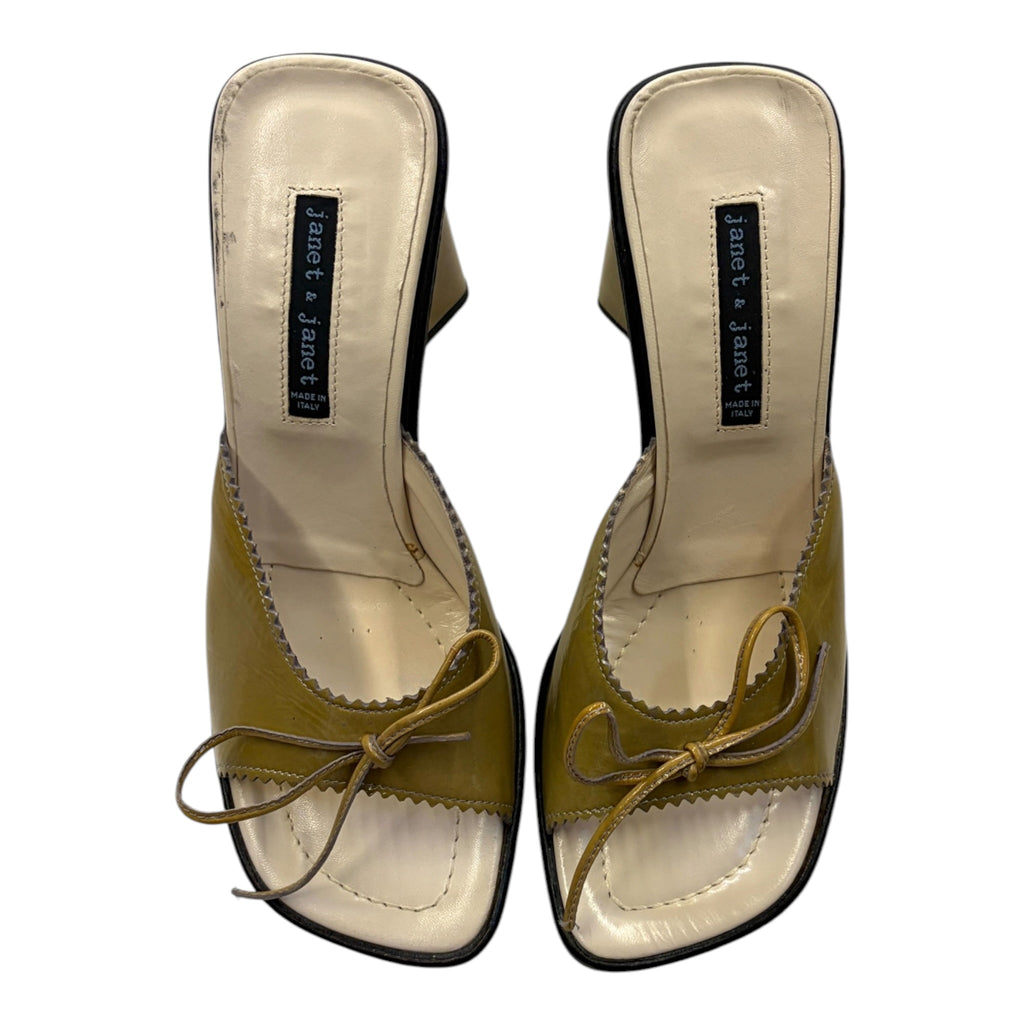 olive green block heel leather mules