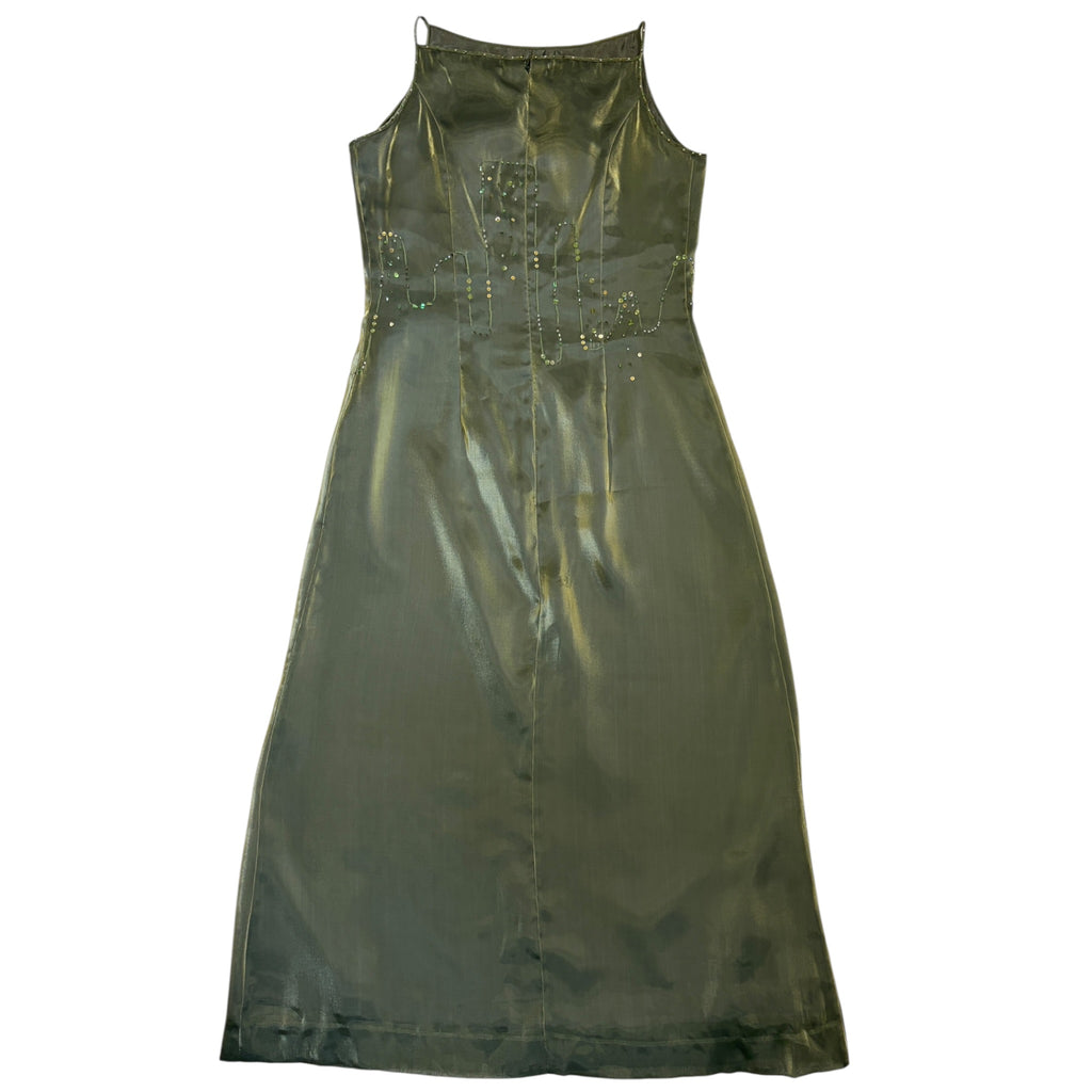olive green shimmering silk dress back