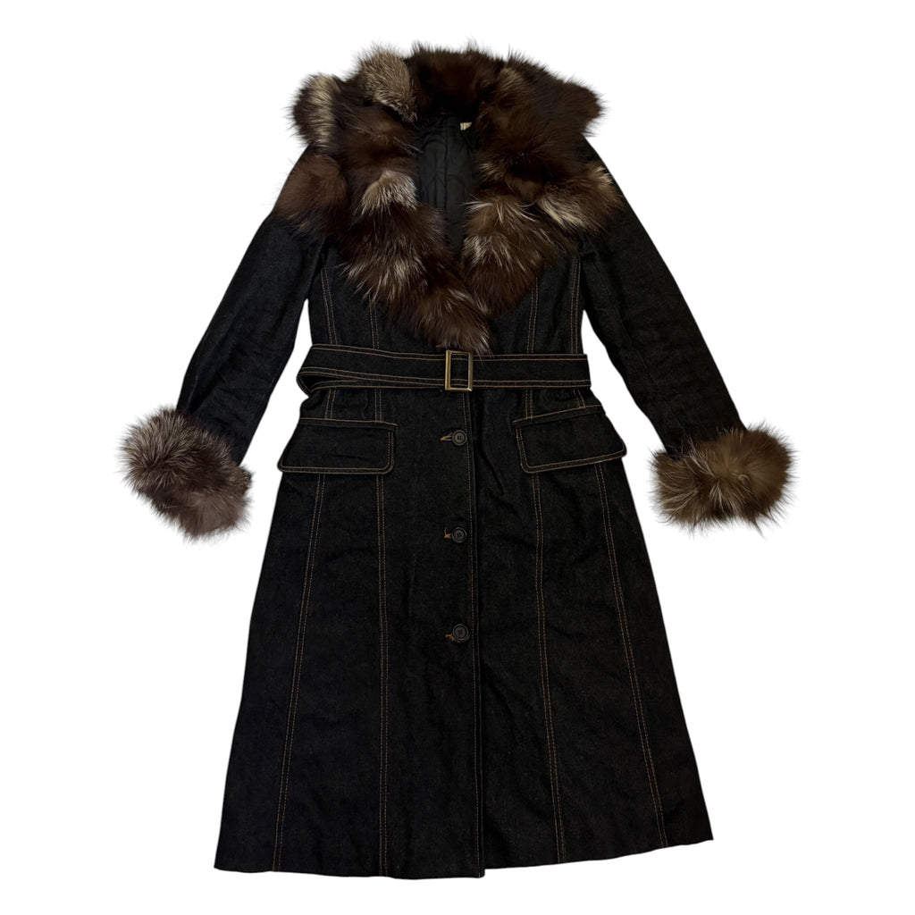 padded denim coat with fur details