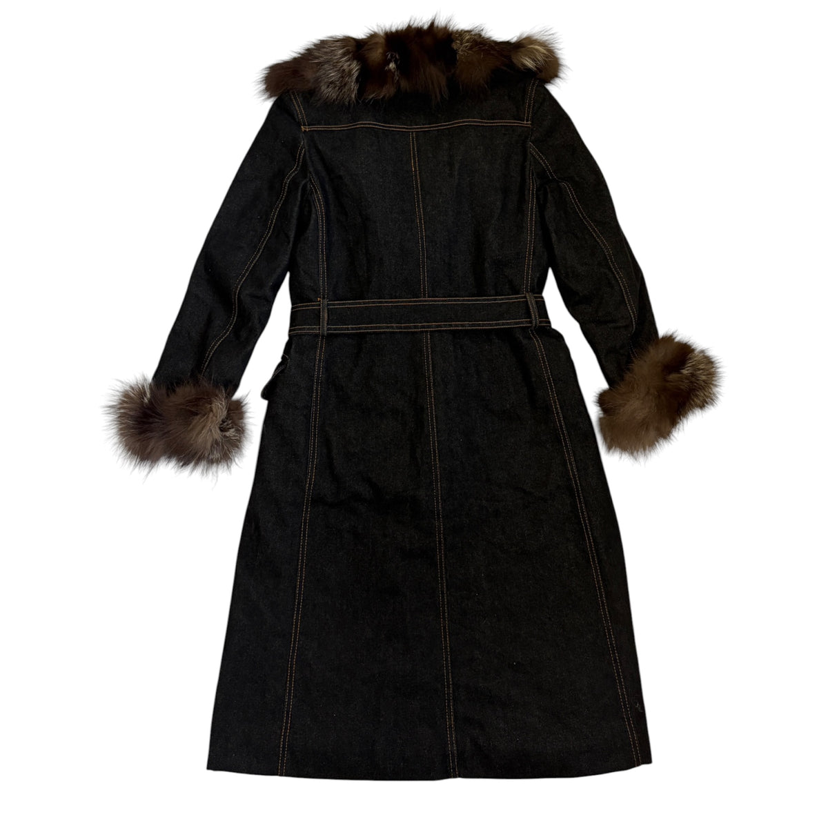 padded denim coat with fur details back