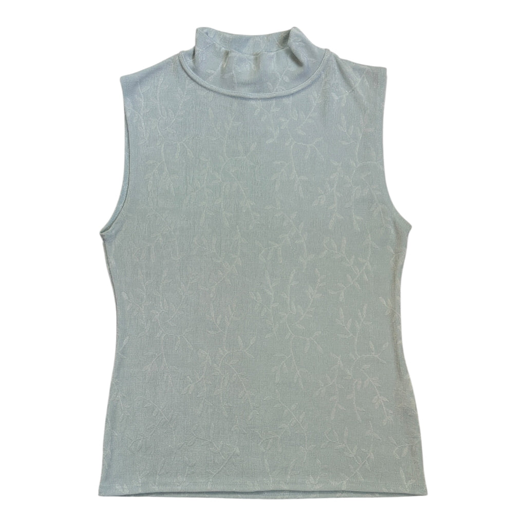 powder blue embroidered sleeveless top with turtle neck