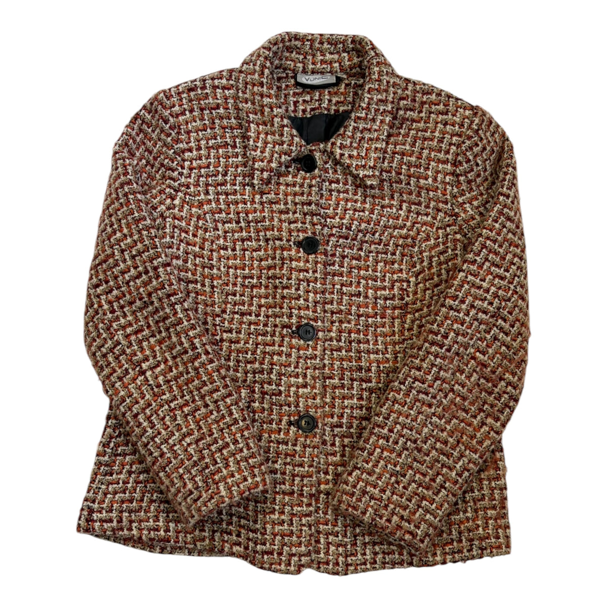 red and white bouclé jacket