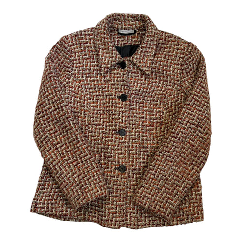 red and white bouclé jacket