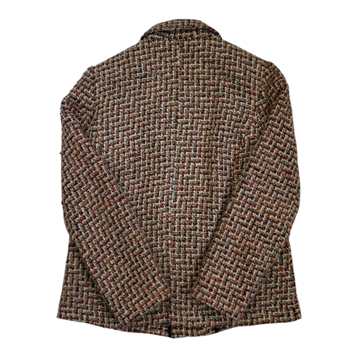 red and white bouclé jacket back