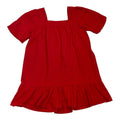 red ruffled linen dress