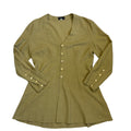 sage green tailored blouse with v-neck and buttons