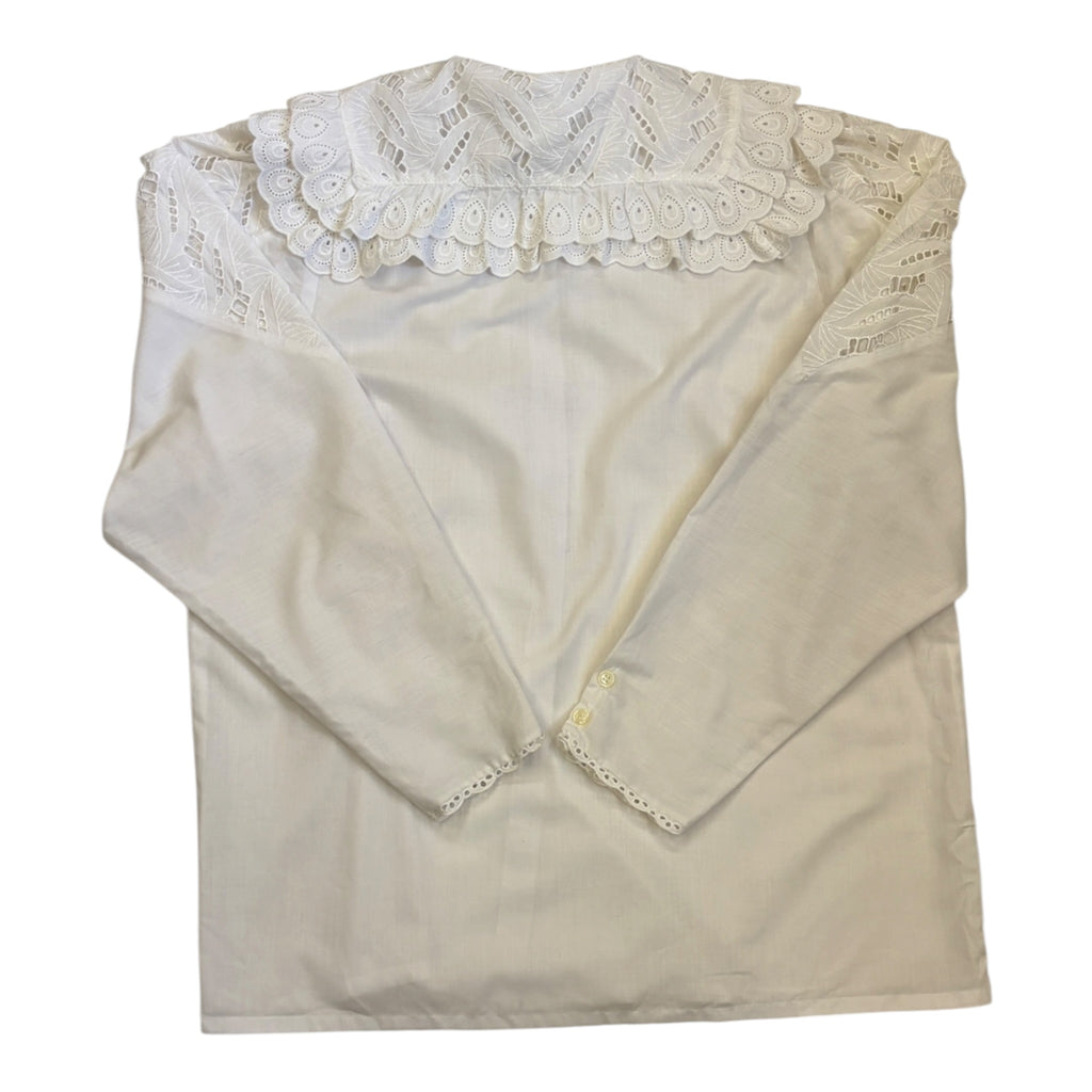 white blouse with oversized embroidered lace collar back